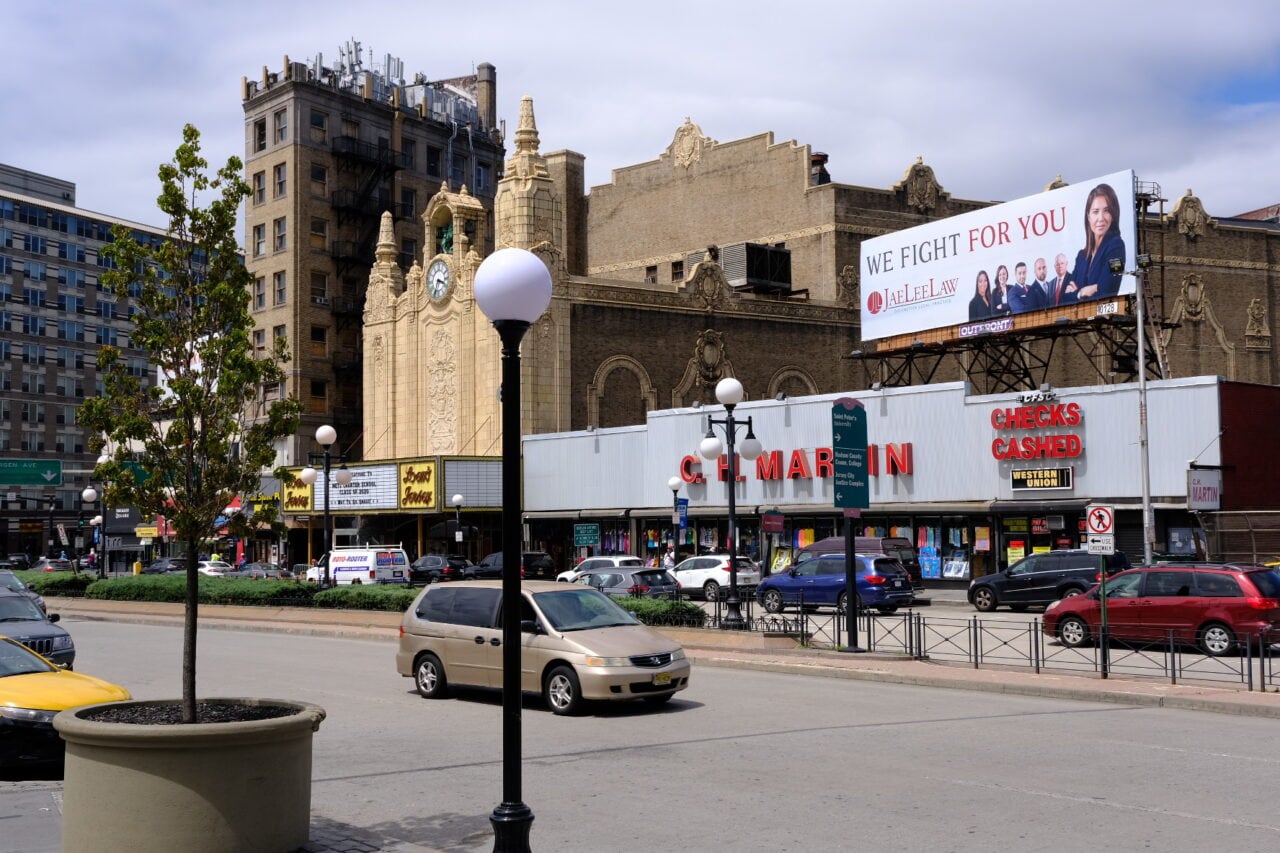 The historic Loew's Jersey Theatre marquee in Journal Square, Jersey City